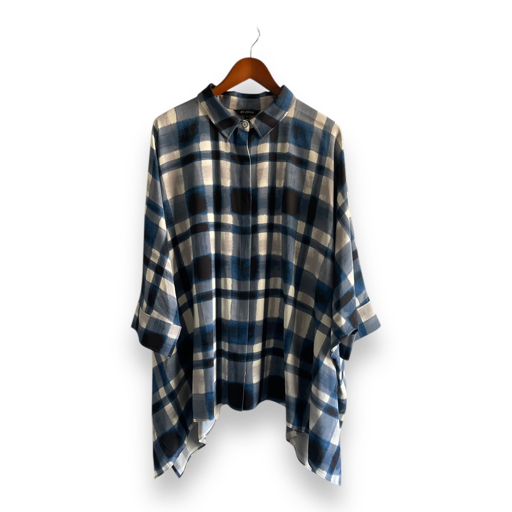 St. John Silk Blend Plaid Oversized Button Up Tunic Top Women's Size XL Dolman